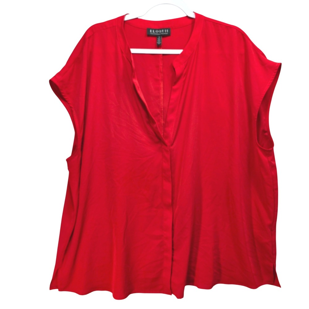 Eloquii Blouse Womens 22 Red Hidden Button Deep Vneck Crepe Loose Fit Boxy Flowy